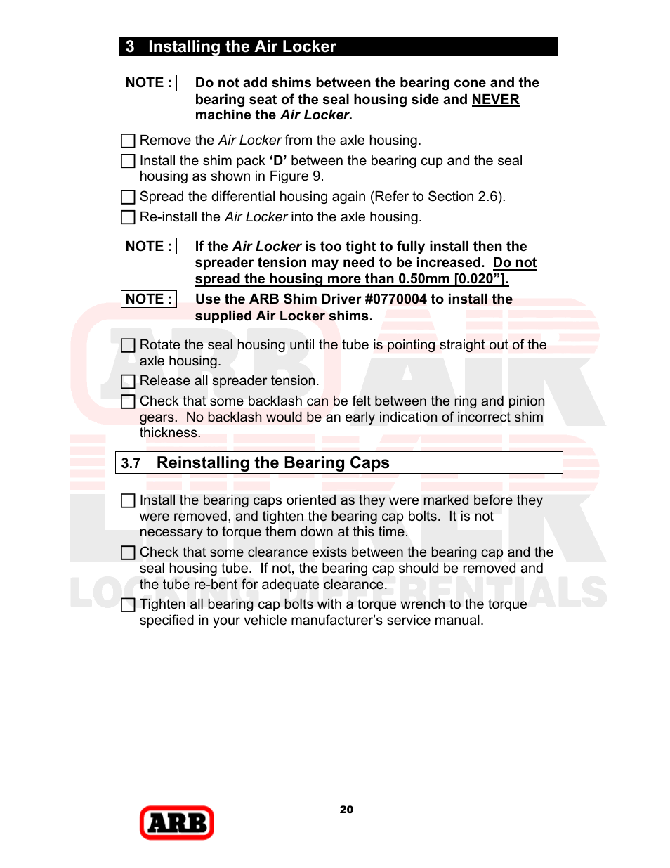 3 installing the air locker, Reinstalling the bearing caps | ARB RD168 User Manual | Page 22 / 44