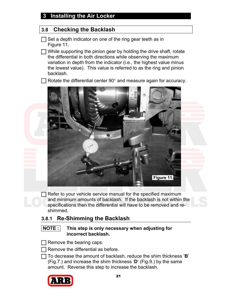 3 installing the air locker, Checking the backlash, Re-shimming the backlash | ARB RD168 User Manual | Page 23 / 44