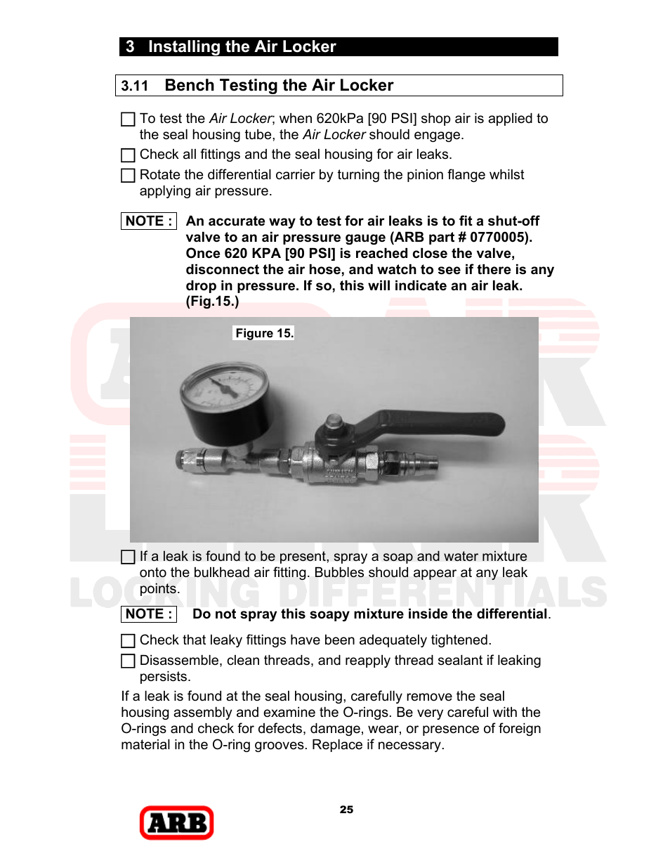 3 installing the air locker, Bench testing the air locker | ARB RD168 User Manual | Page 27 / 44