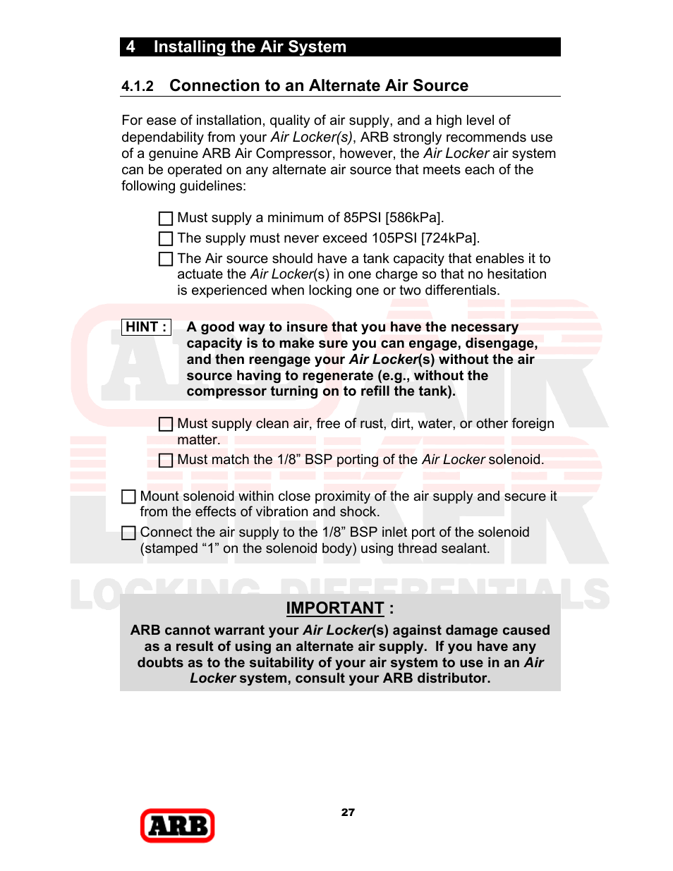 4 installing the air system, Connection to an alternate air source, Important | ARB RD168 User Manual | Page 29 / 44