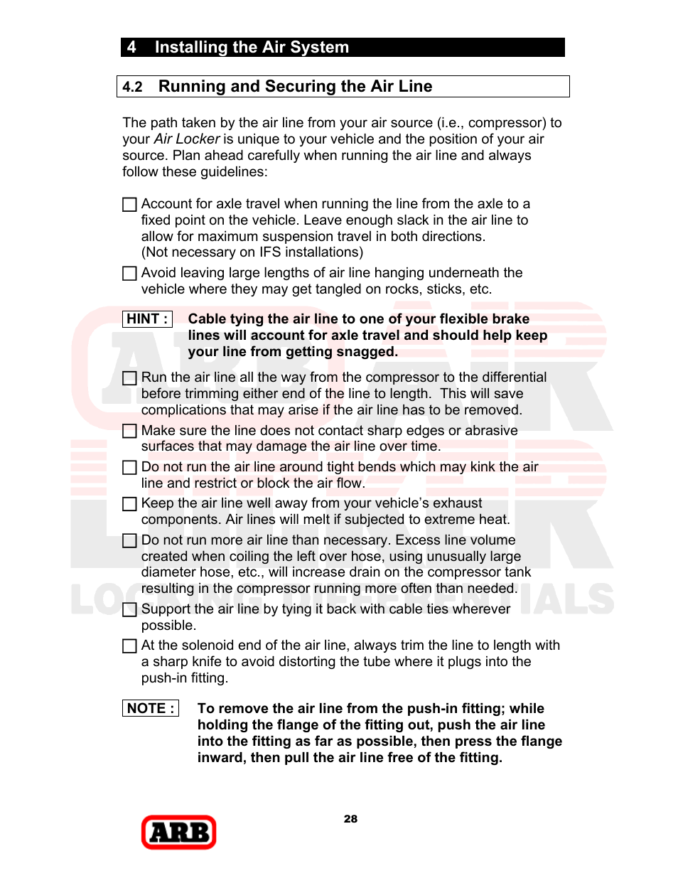 4 installing the air system, Running and securing the air line | ARB RD168 User Manual | Page 30 / 44