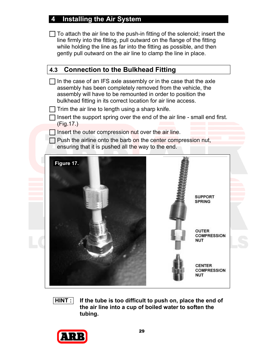 4 installing the air system, Connection to the bulkhead fitting | ARB RD168 User Manual | Page 31 / 44