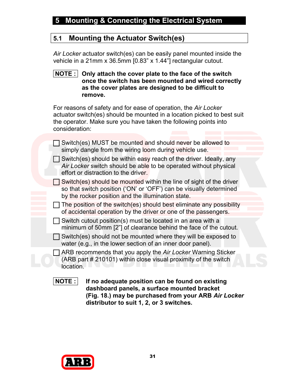 5 mounting & connecting the electrical system, Mounting the actuator switch(es) | ARB RD168 User Manual | Page 33 / 44