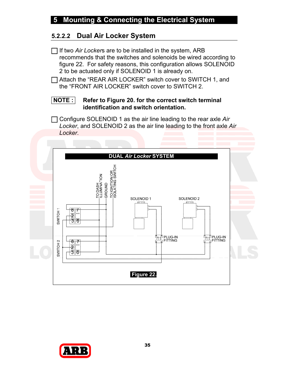 5 mounting & connecting the electrical system, Dual air locker system | ARB RD168 User Manual | Page 37 / 44