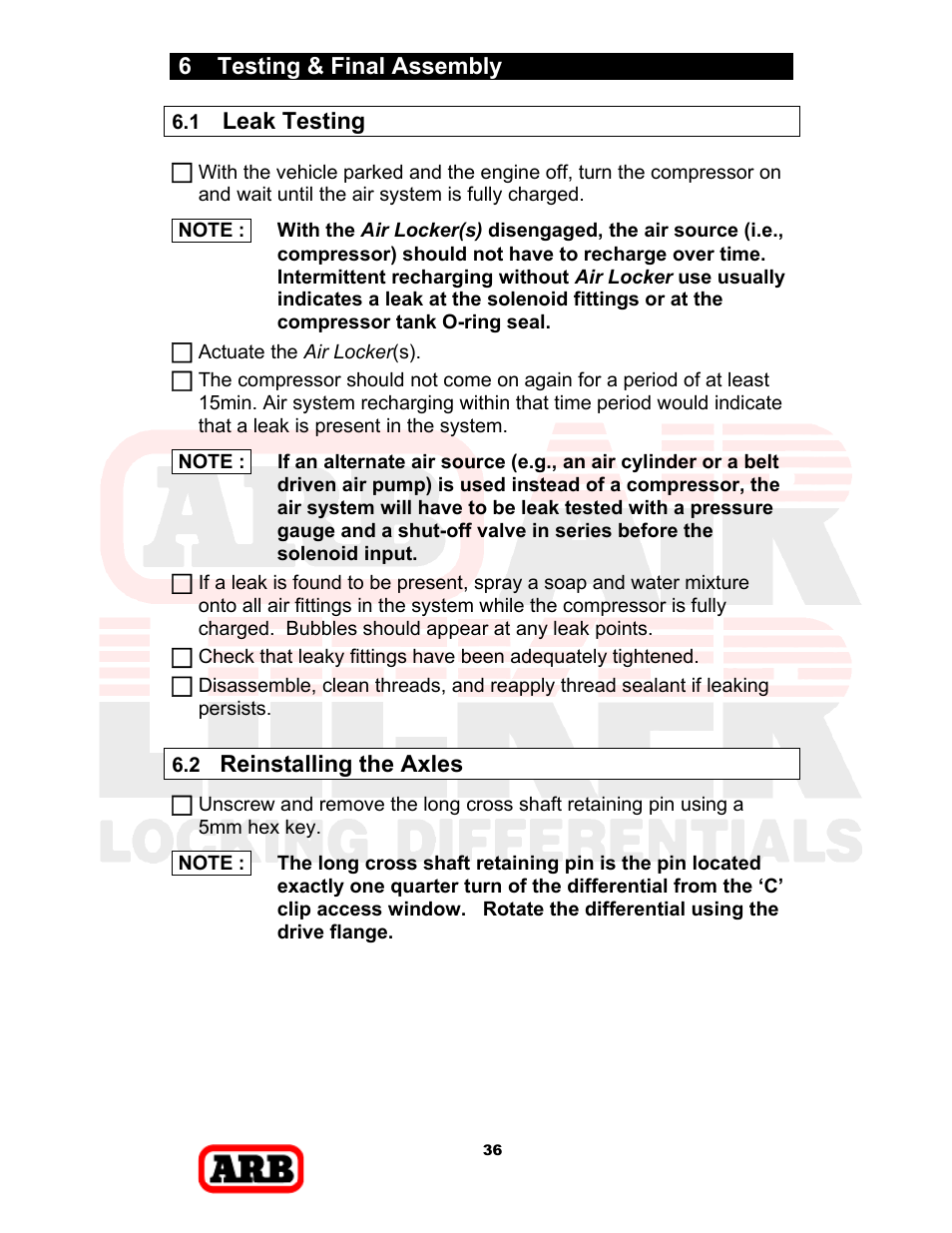6 testing & final assembly, Leak testing, Reinstalling the axles | ARB RD168 User Manual | Page 38 / 44