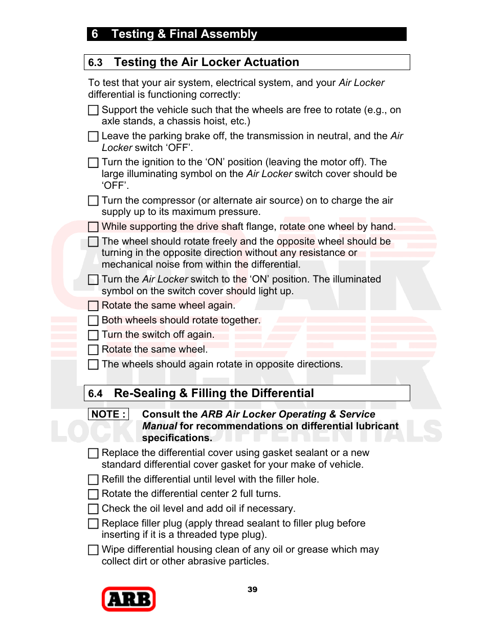 6 testing & final assembly, Testing the air locker actuation, Re-sealing & filling the differential | ARB RD168 User Manual | Page 41 / 44