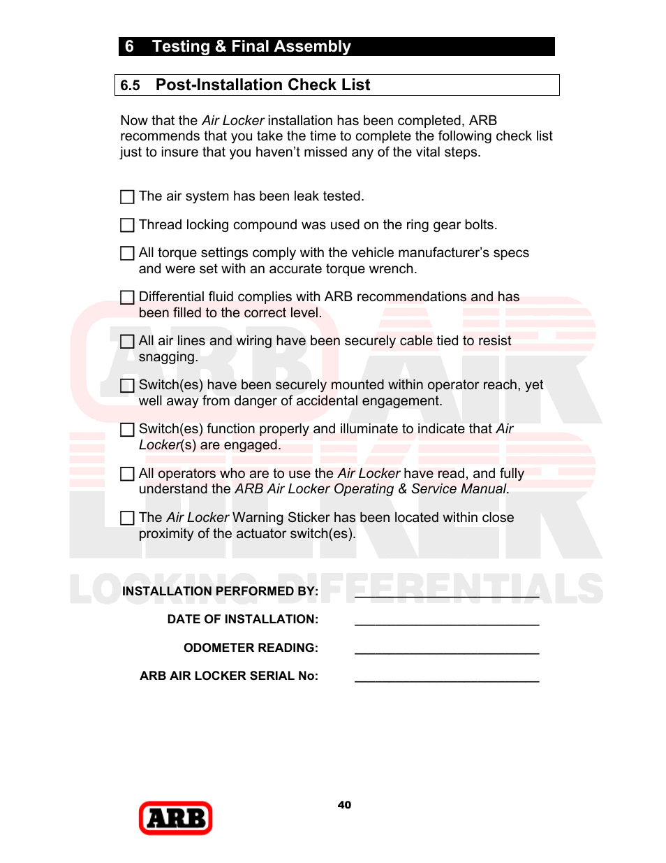 6 testing & final assembly, Post-installation check list | ARB RD168 User Manual | Page 42 / 44