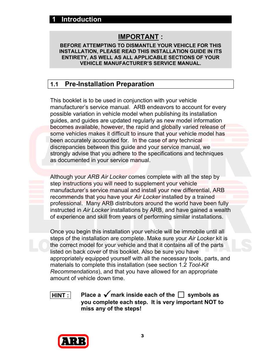 1 introduction, Important, Pre-installation preparation | ARB RD168 User Manual | Page 5 / 44
