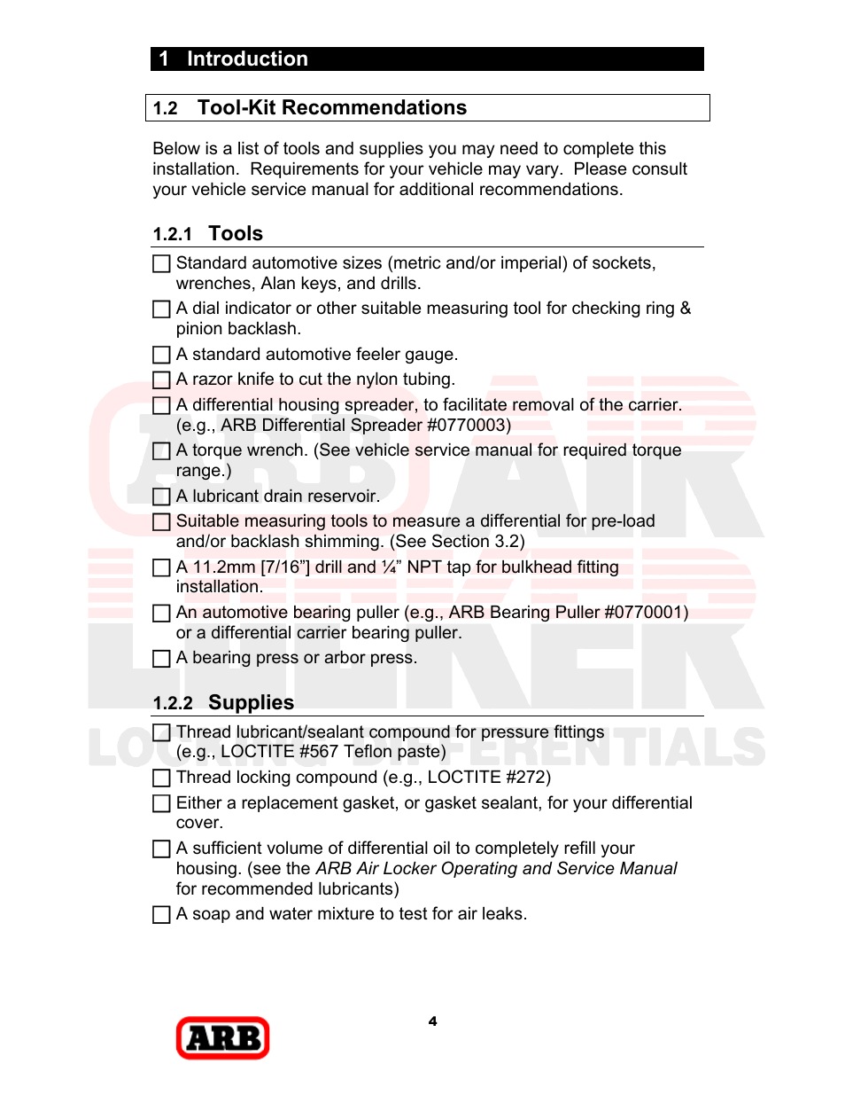 1 introduction, Tool-kit recommendations, Tools | Supplies | ARB RD168 User Manual | Page 6 / 44