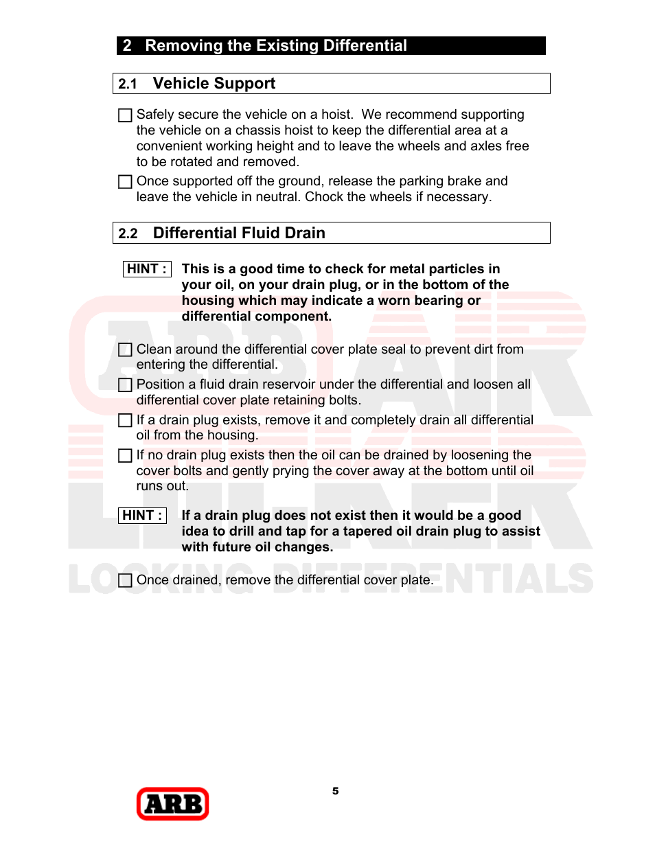 2 removing the existing differential, Vehicle support, Differential fluid drain | ARB RD168 User Manual | Page 7 / 44