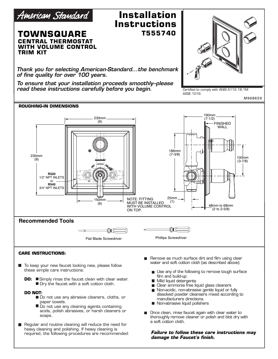 American Standard Town Square T555740 User Manual | 10 pages