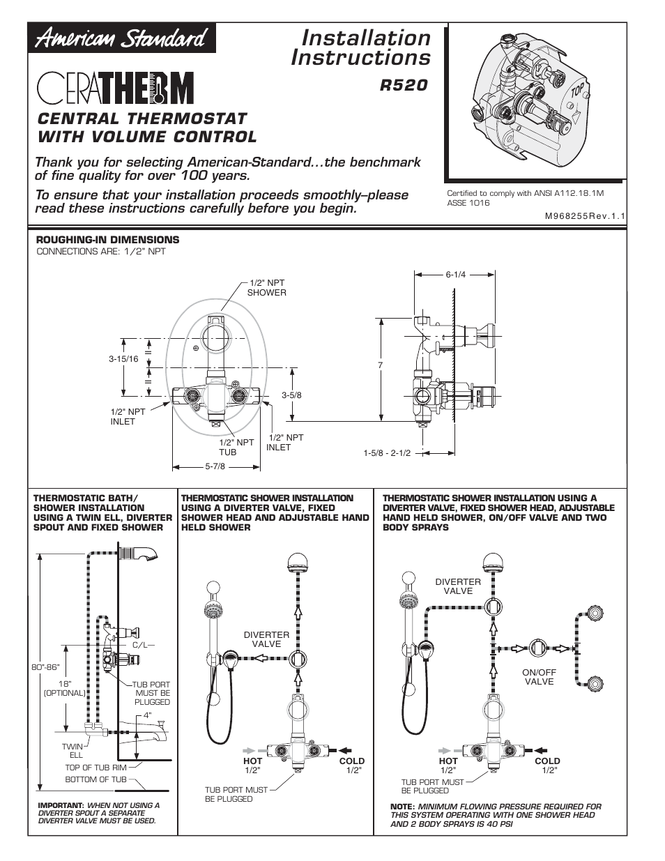 Ceratherm_r520, Installation instructions, Central thermostat with volume control | R520 | American Standard Town Square T555740 User Manual | Page 5 / 10