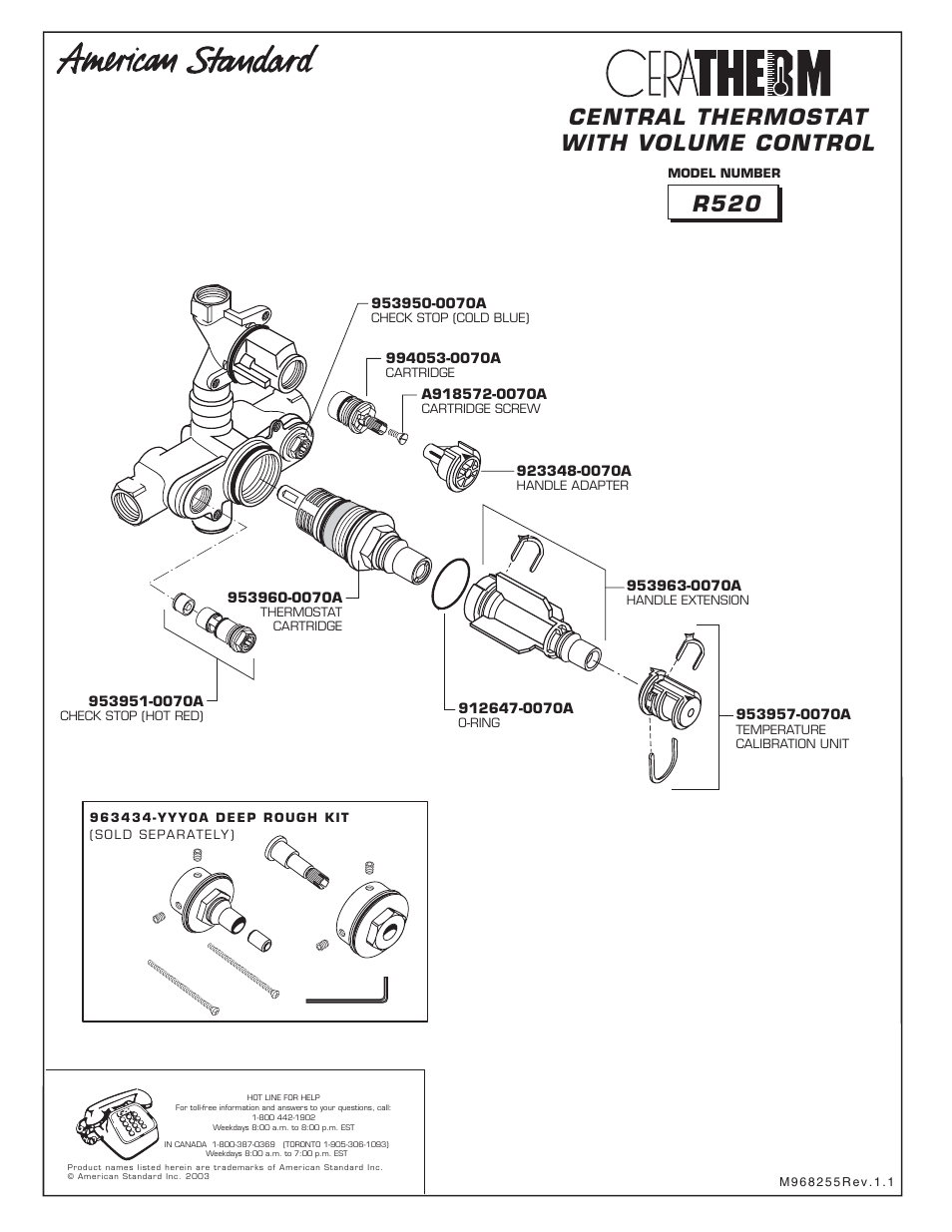 Central thermostat with volume control, R520 | American Standard Town Square T555740 User Manual | Page 7 / 10