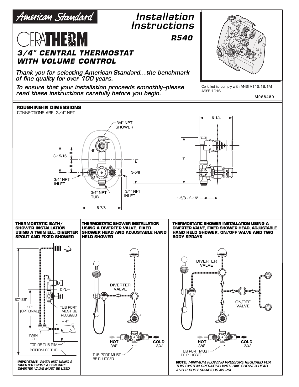 Ceratherm_r540, Installation instructions, R540 | American Standard Town Square T555740 User Manual | Page 8 / 10