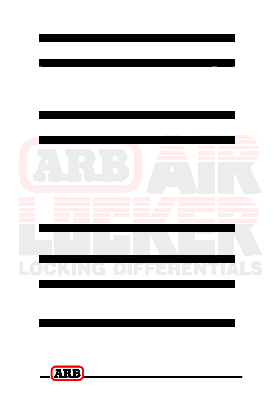 1 introduction 3, 2 removing the existing differential 5, 3 bench measurement 8 | 4 installing the air locker 11, 5 installing the air system 25, 6 mounting & connecting the electrical system 29, 7 testing & final assembly 34, 8 parts list 37 | ARB RD94 User Manual | Page 3 / 40
