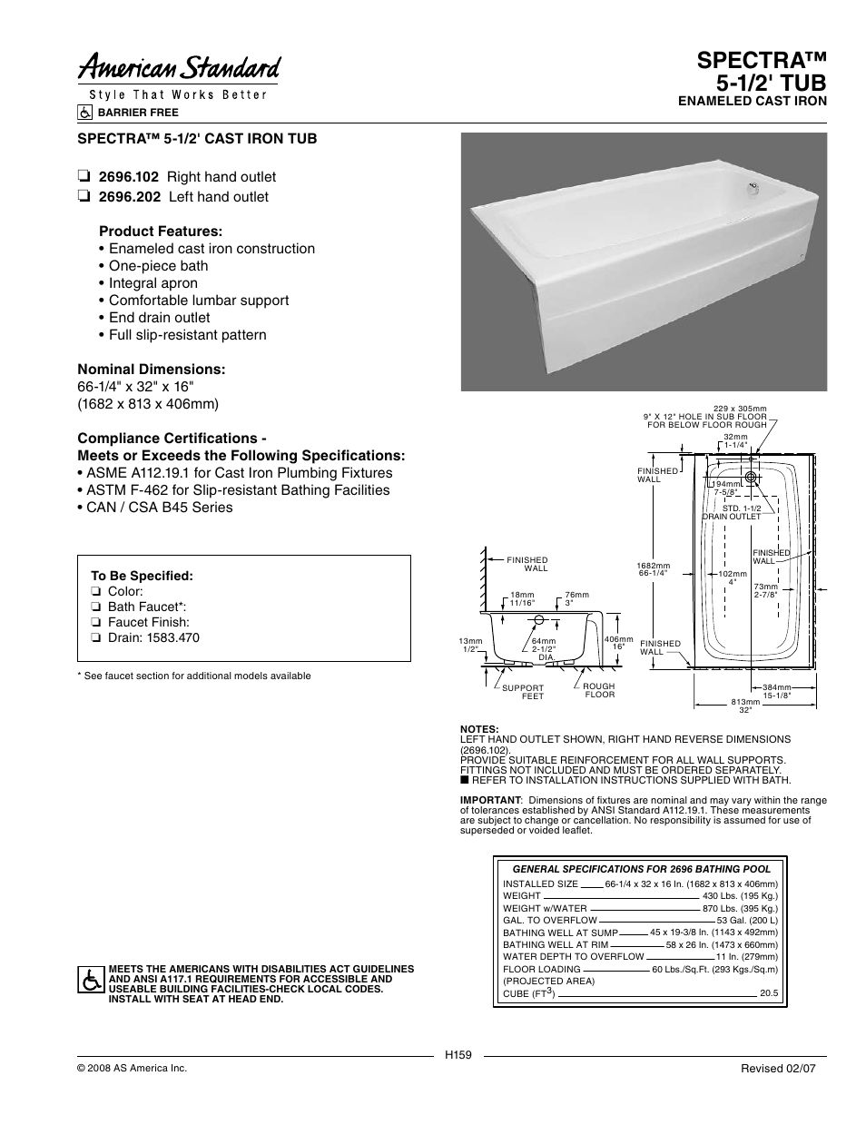 American Standard Spectra Bathtub 2696.202 User Manual | 1 page