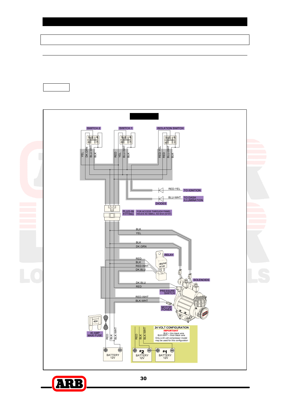 5 mounting & connecting the electrical system, Wiring the actuator system, Connection to an arb air compressor | ARB RD138 User Manual | Page 32 / 40