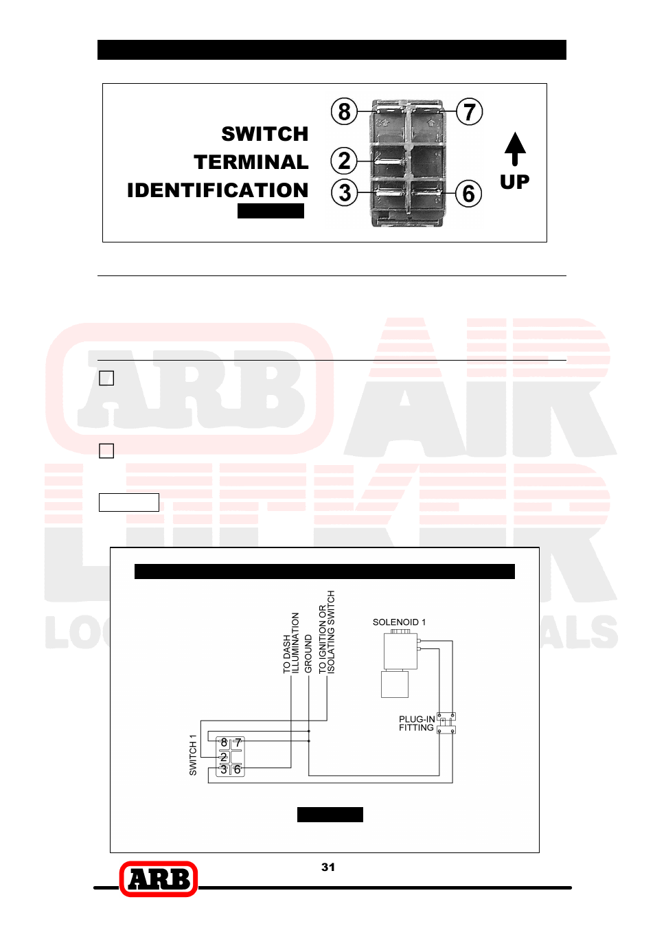 Switch terminal identification up, 5 mounting & connecting the electrical system, Connection to an alternate air source | Single air locker system | ARB RD138 User Manual | Page 33 / 40