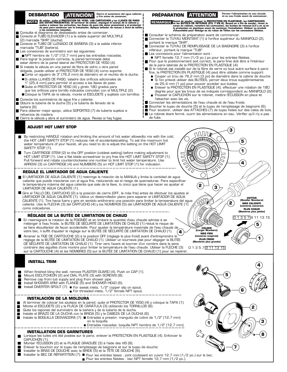 Desbastado préparation, Atención, Attention | American Standard Colony 1371SS SERIES User Manual | Page 2 / 4