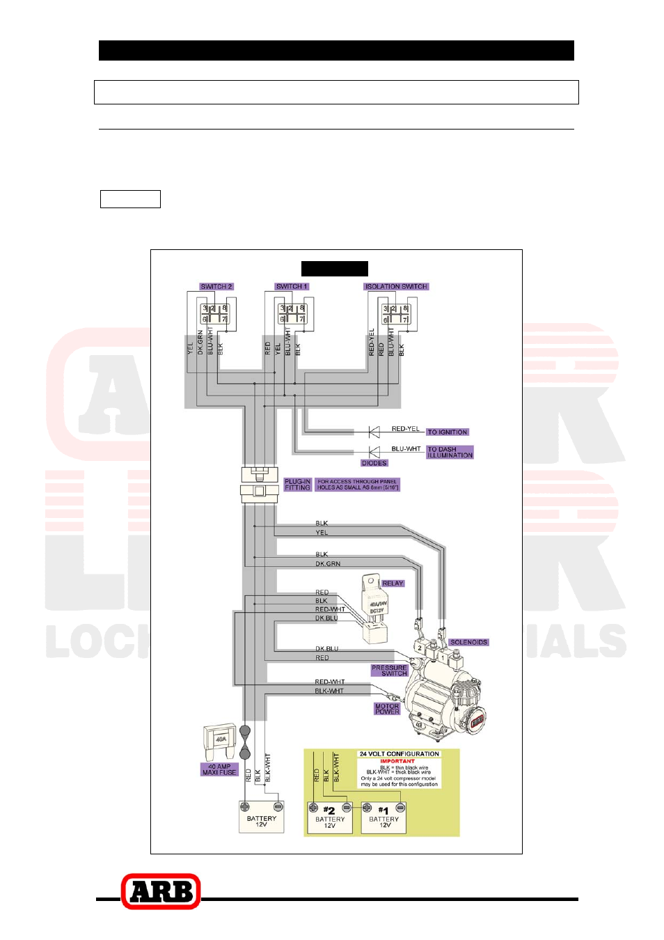 5 mounting & connecting the electrical system, Wiring the actuator system, Connection to an arb air compressor | ARB RD149 User Manual | Page 28 / 36