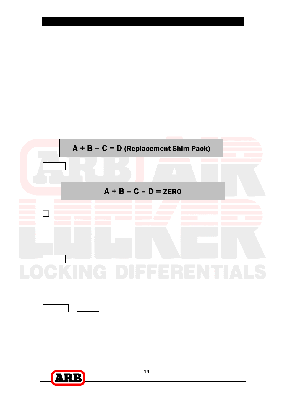 Calculation & selection of shims, A + b – c = d, A + b – c – d | 3 bench measurement, Replacement shim pack), Zero | ARB RD137 User Manual | Page 13 / 38