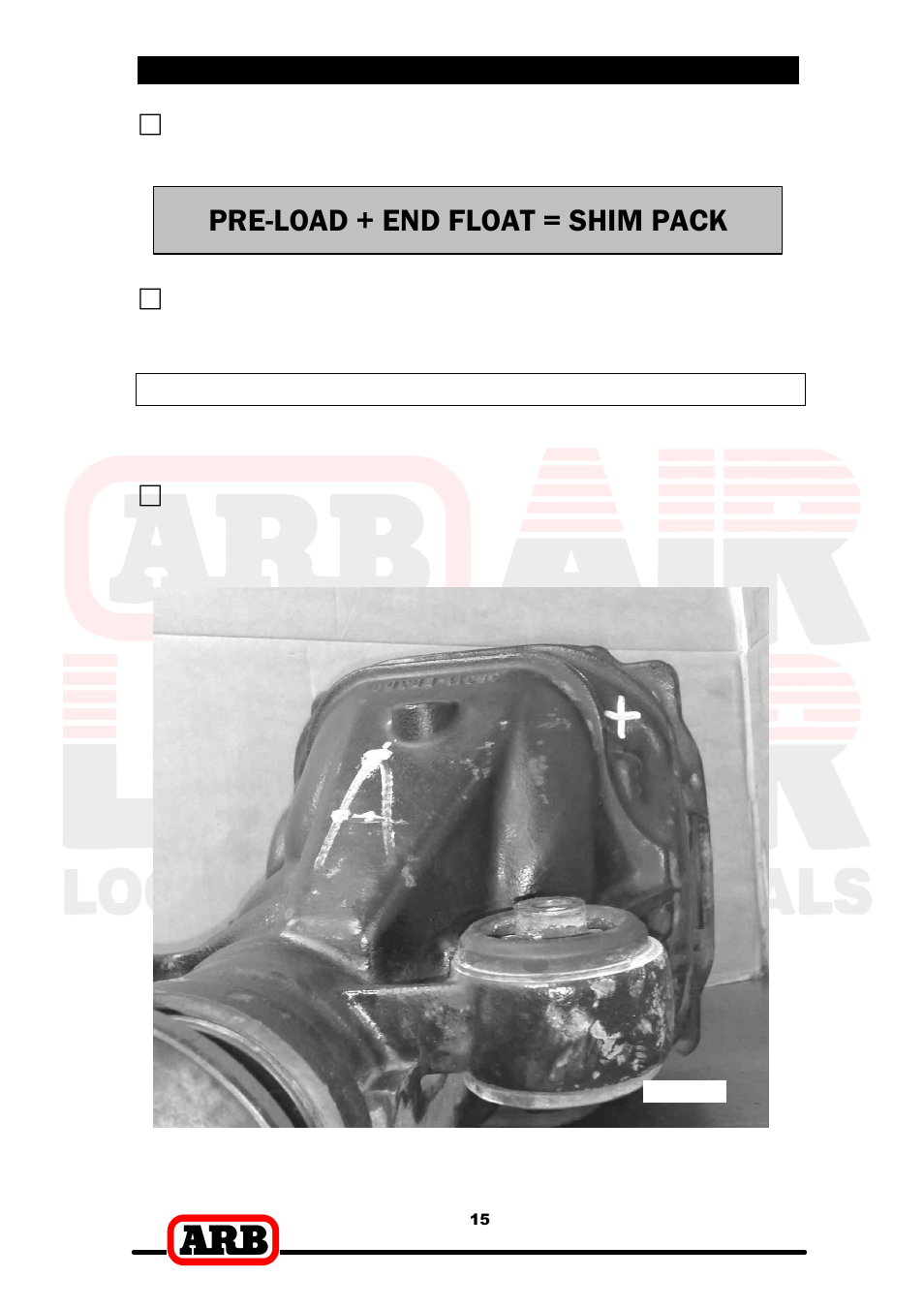 Pre-load + end float = shim pack, 4 installing the air locker, Drilling and tapping the bulkhead port | ARB RD137 User Manual | Page 17 / 38