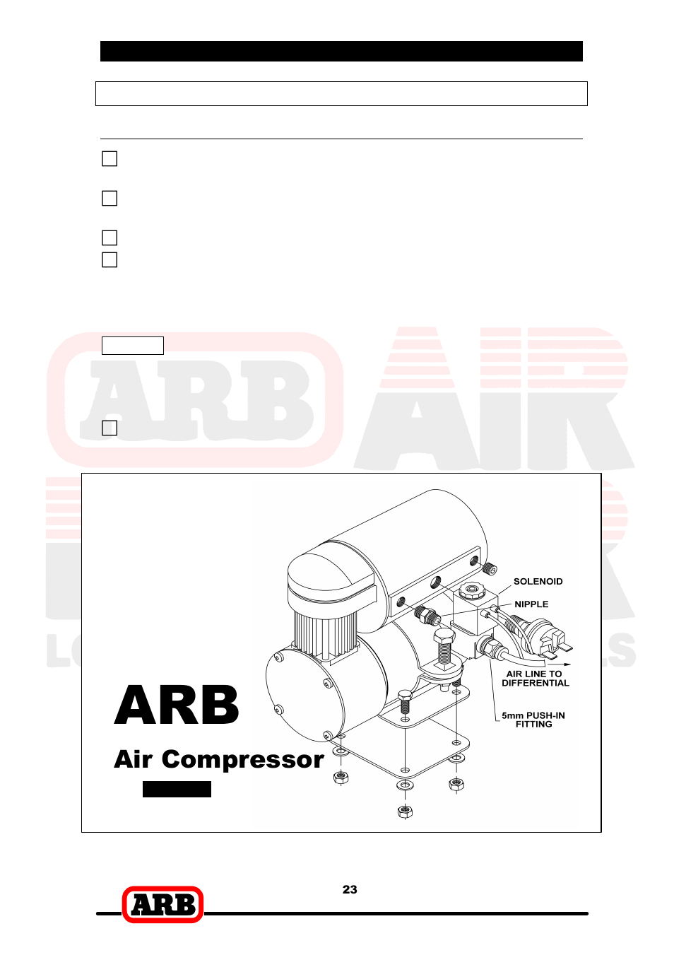 Air compressor, 5 installing the air system, Mounting the solenoid | Connection to an arb air compressor | ARB RD137 User Manual | Page 25 / 38
