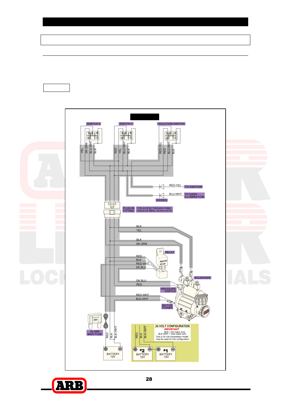 6 mounting & connecting the electrical system, Wiring the actuator system, Connection to an arb air compressor | ARB RD137 User Manual | Page 30 / 38