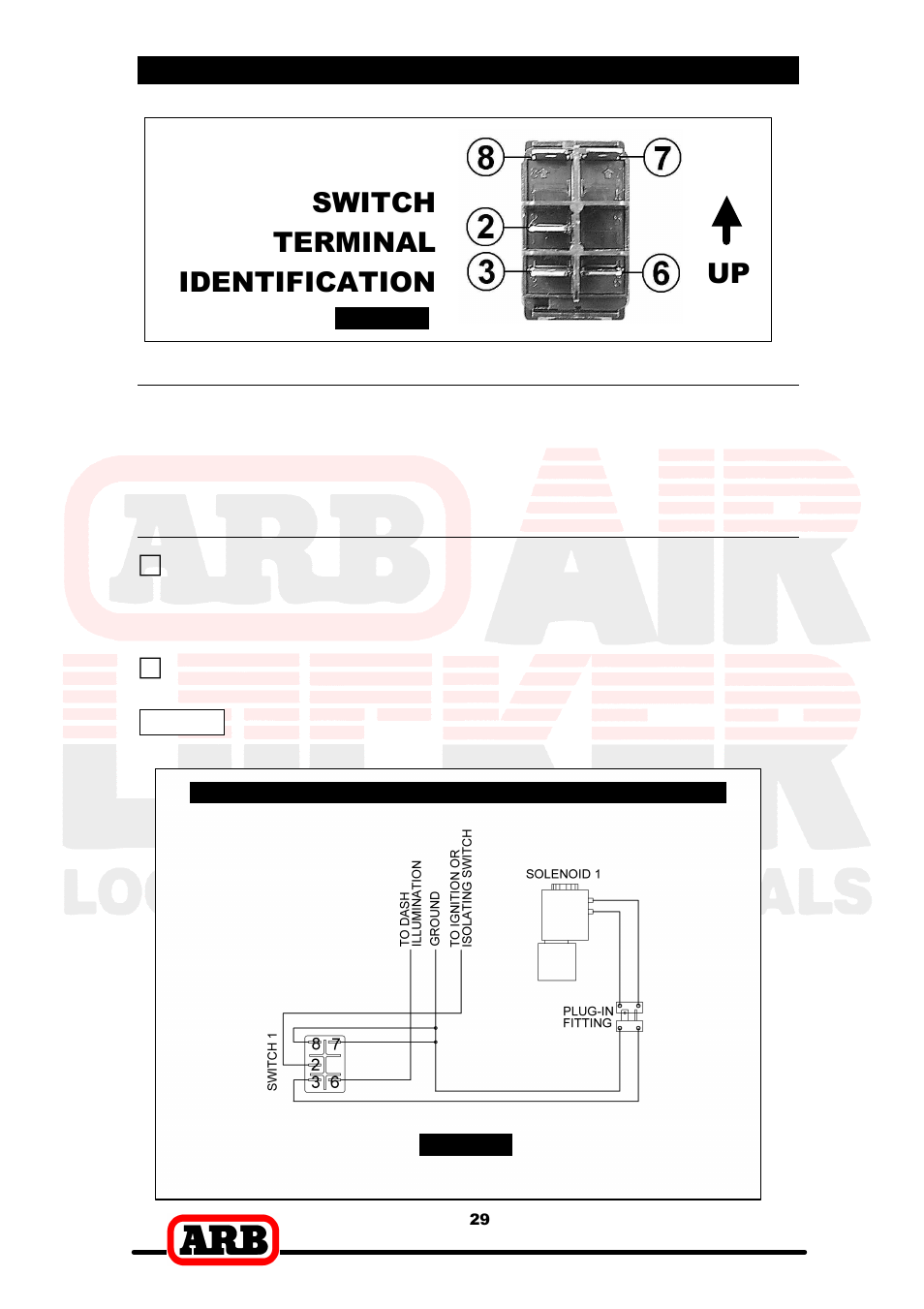 Switch terminal identification, 6 mounting & connecting the electrical system, Connection to an alternate air source | Single air locker system | ARB RD137 User Manual | Page 31 / 38