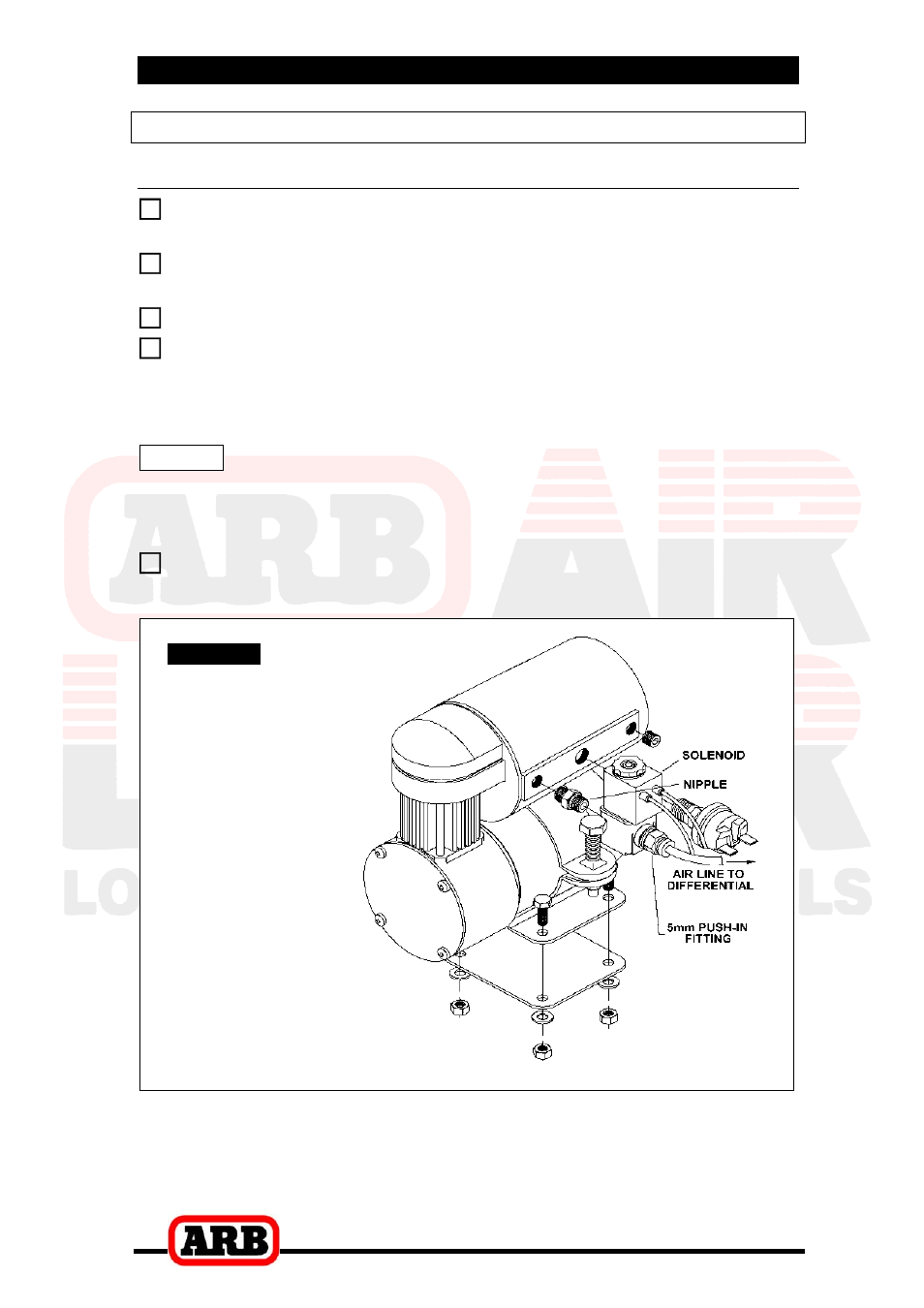 Air compressor, 4 installing the air system, Mounting the solenoid | Connection to an arb air compressor | ARB RD79 User Manual | Page 24 / 36