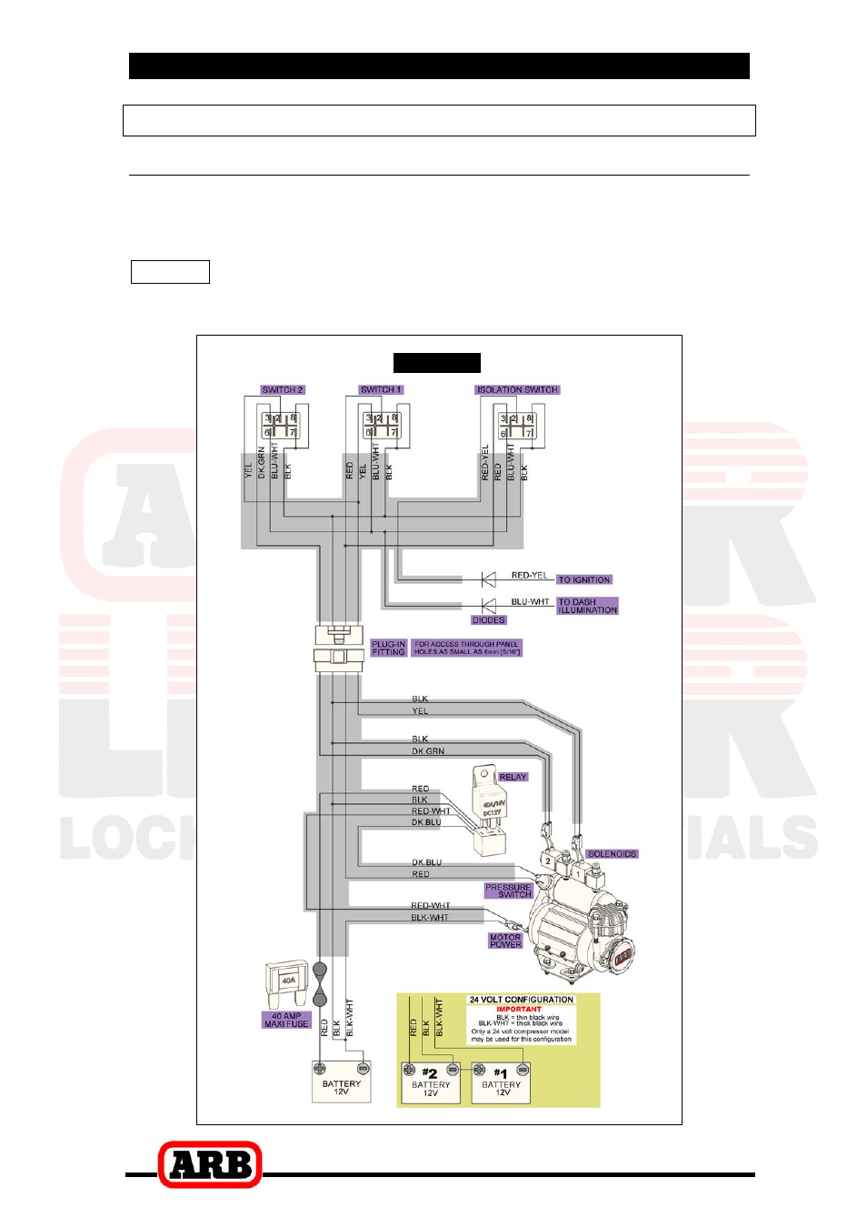 5 mounting & connecting the electrical system, Wiring the actuator system, Connection to an arb air compressor | ARB RD142 User Manual | Page 30 / 38