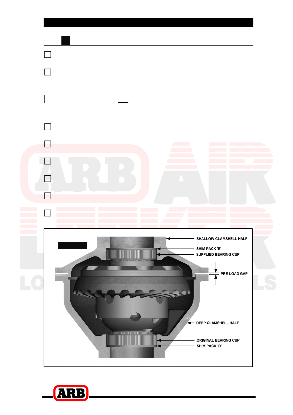 3 installing the air locker, Clamshell housing preload | ARB RD90 User Manual | Page 19 / 46