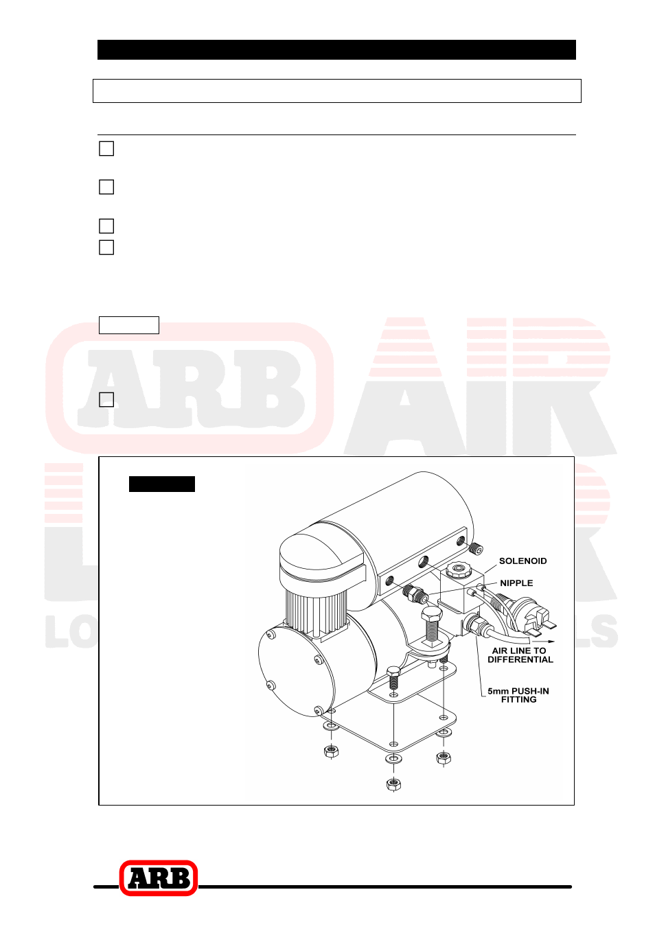 Air compressor, 4 installing the air system, Mounting the solenoid | Connection to an arb air compressor | ARB RD111 User Manual | Page 27 / 40