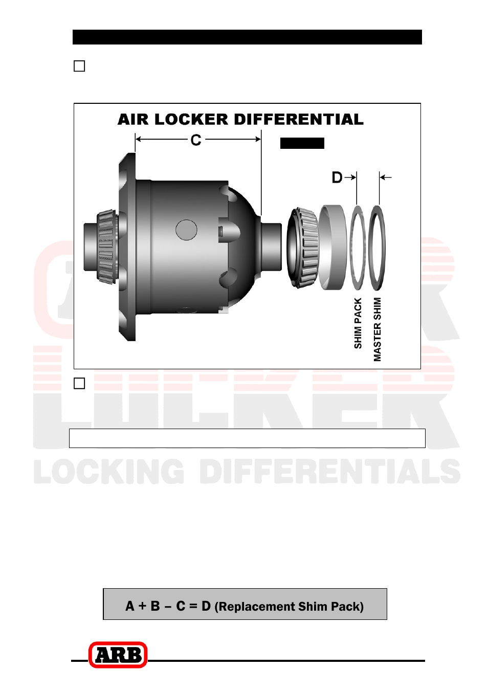 Calculation & selection of shims, A + b – c = d, 3 bench measurement | Replacement shim pack) | ARB RD131 User Manual | Page 11 / 38