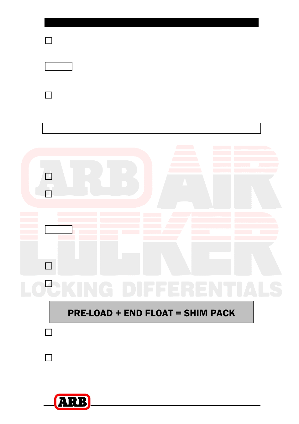Pre-load + end float = shim pack, 4 installing the air locker, Calculation & selection of pre-load shims | ARB RD131 User Manual | Page 15 / 38