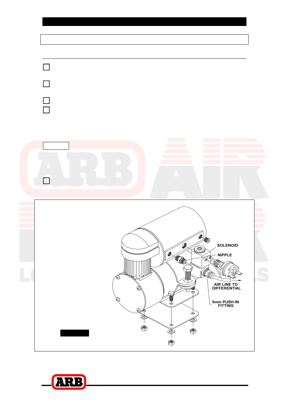 Air compressor, 5 installing the air system, Mounting the solenoid | Connection to an arb air compressor | ARB RD131 User Manual | Page 25 / 38