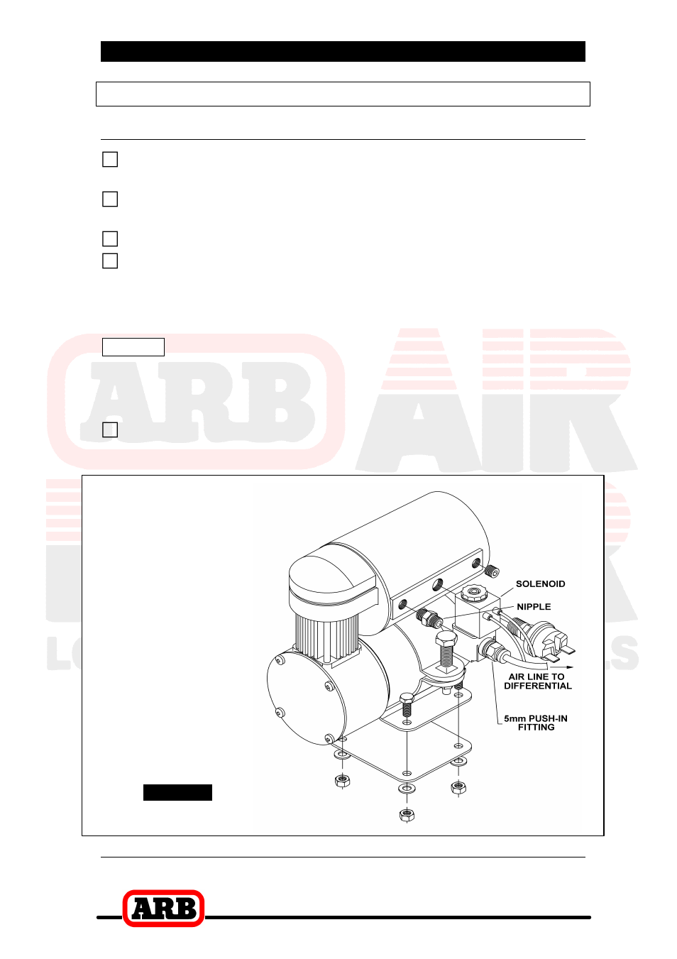Air compressor, 5 installing the air system, Mounting the solenoid | Connection to an arb air compressor | ARB RD129 User Manual | Page 25 / 38