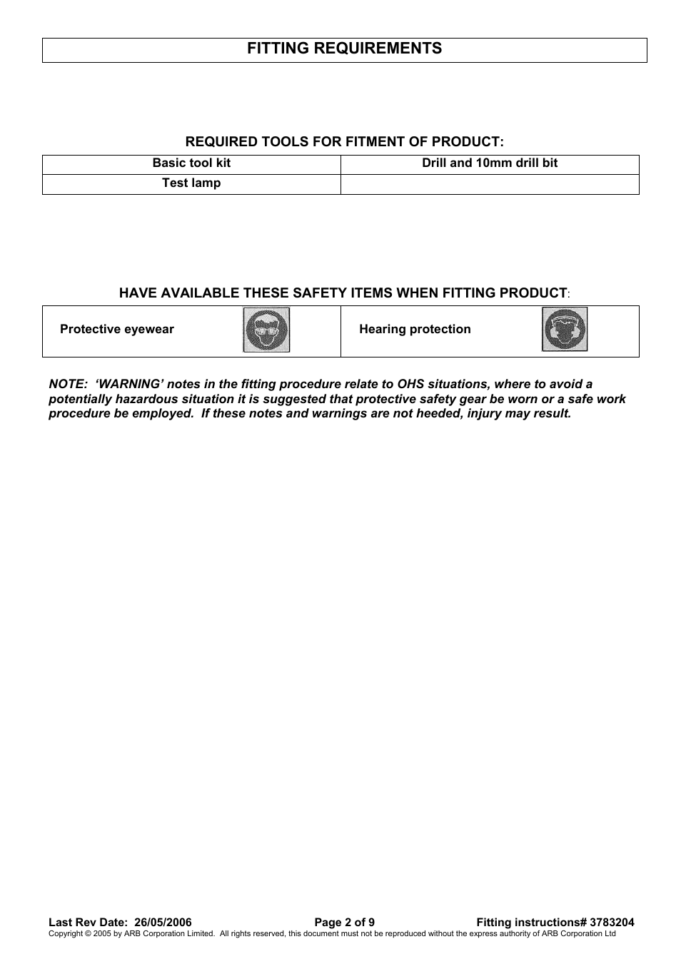 Fitting requirements | ARB 3410100 User Manual | Page 2 / 9