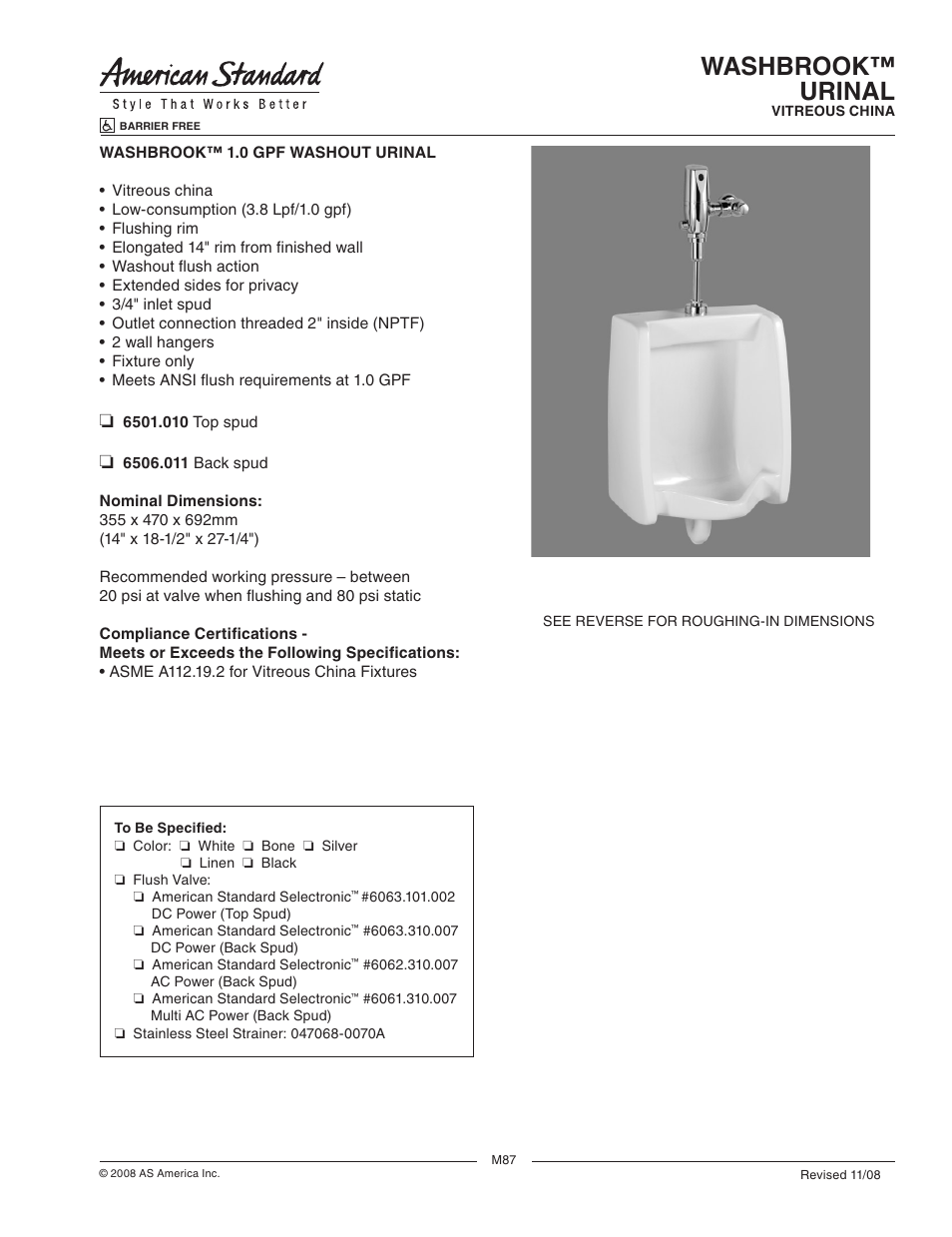 American Standard Washbrook Urinal 6506.011 User Manual | 2 pages