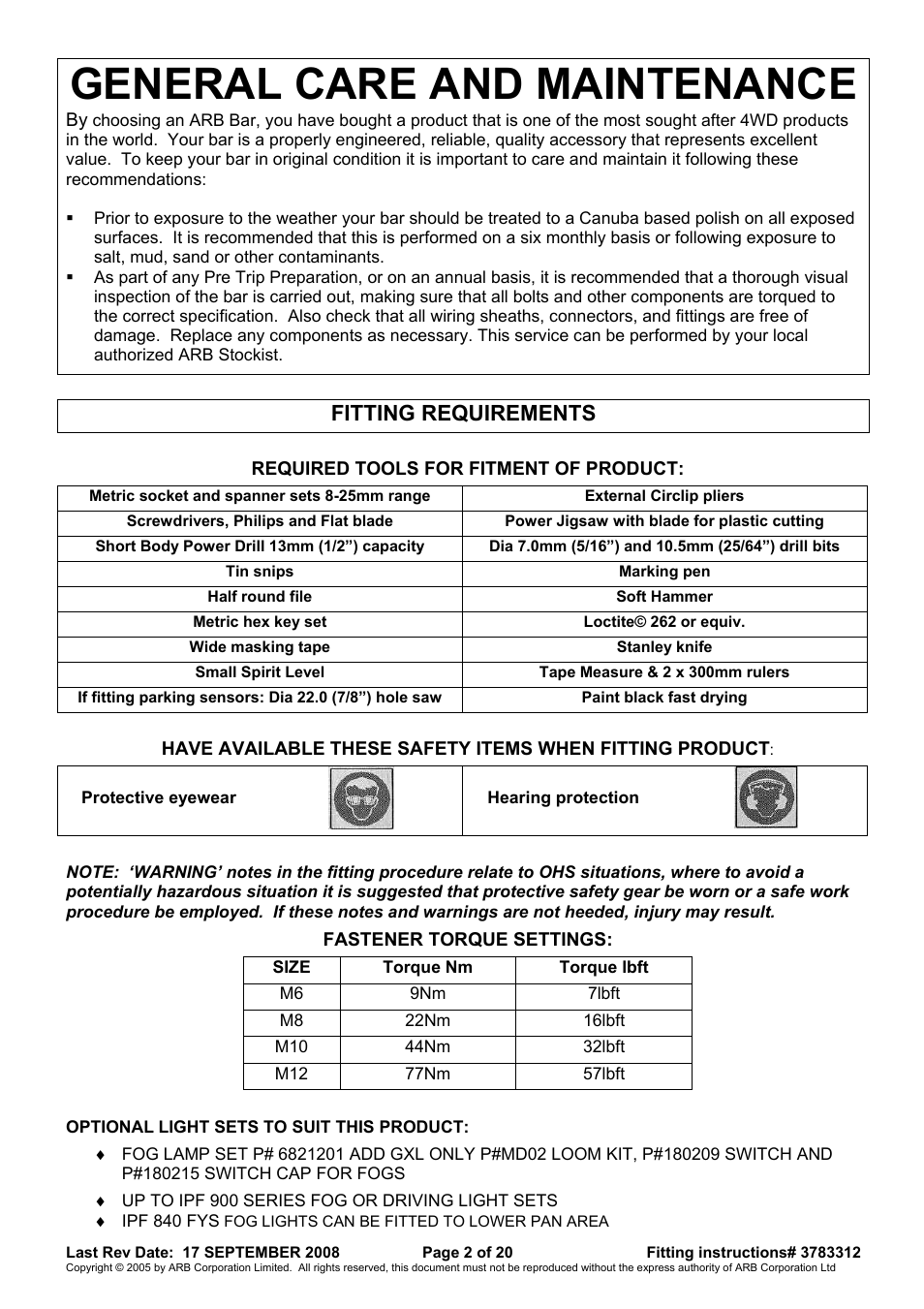 General care and maintenance, Fitting requirements | ARB 3415120 User Manual | Page 2 / 20