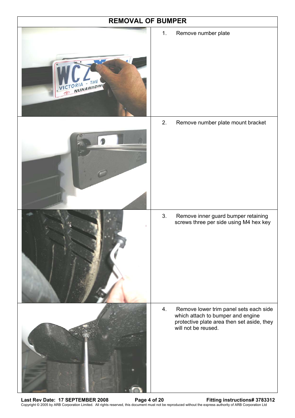 Removal of bumper | ARB 3415120 User Manual | Page 4 / 20