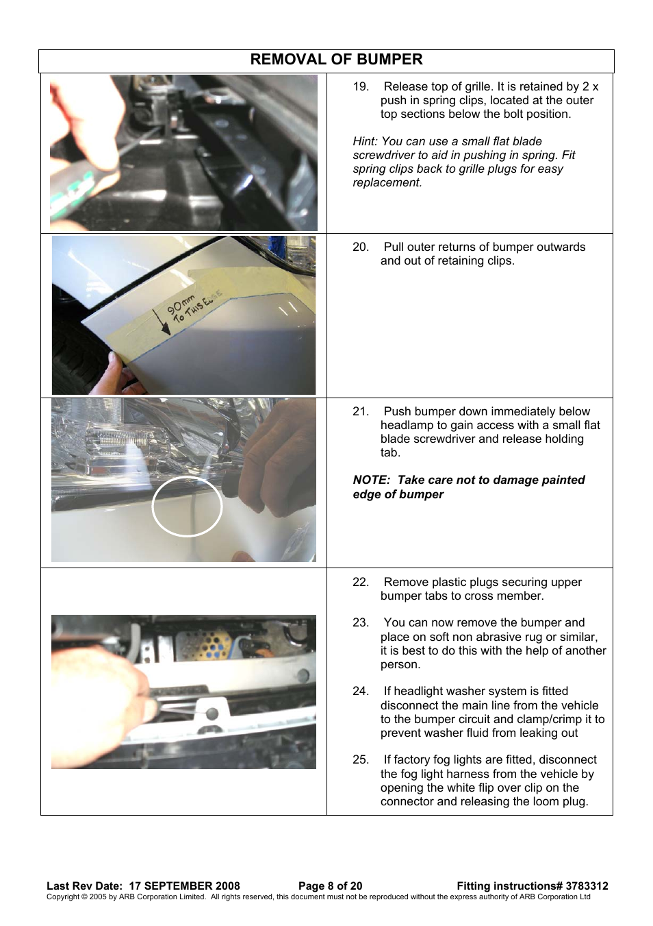 Removal of bumper | ARB 3415120 User Manual | Page 8 / 20