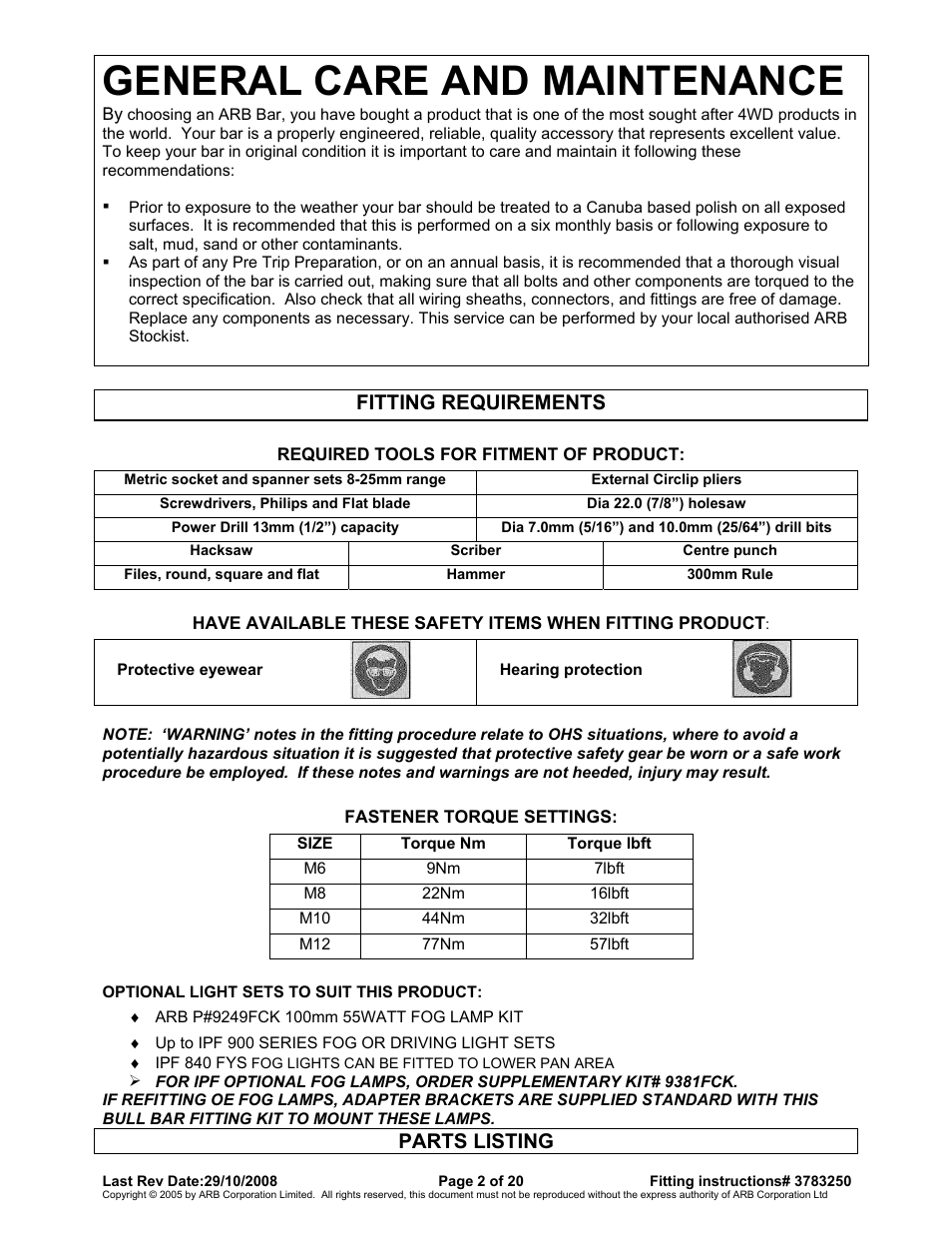 General care and maintenance, Fitting requirements, Parts listing | ARB 3415010 User Manual | Page 2 / 20