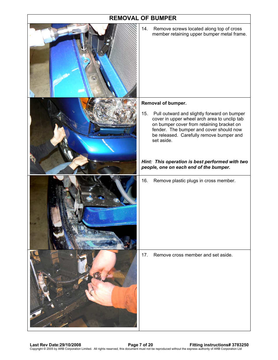 Removal of bumper | ARB 3415010 User Manual | Page 7 / 20