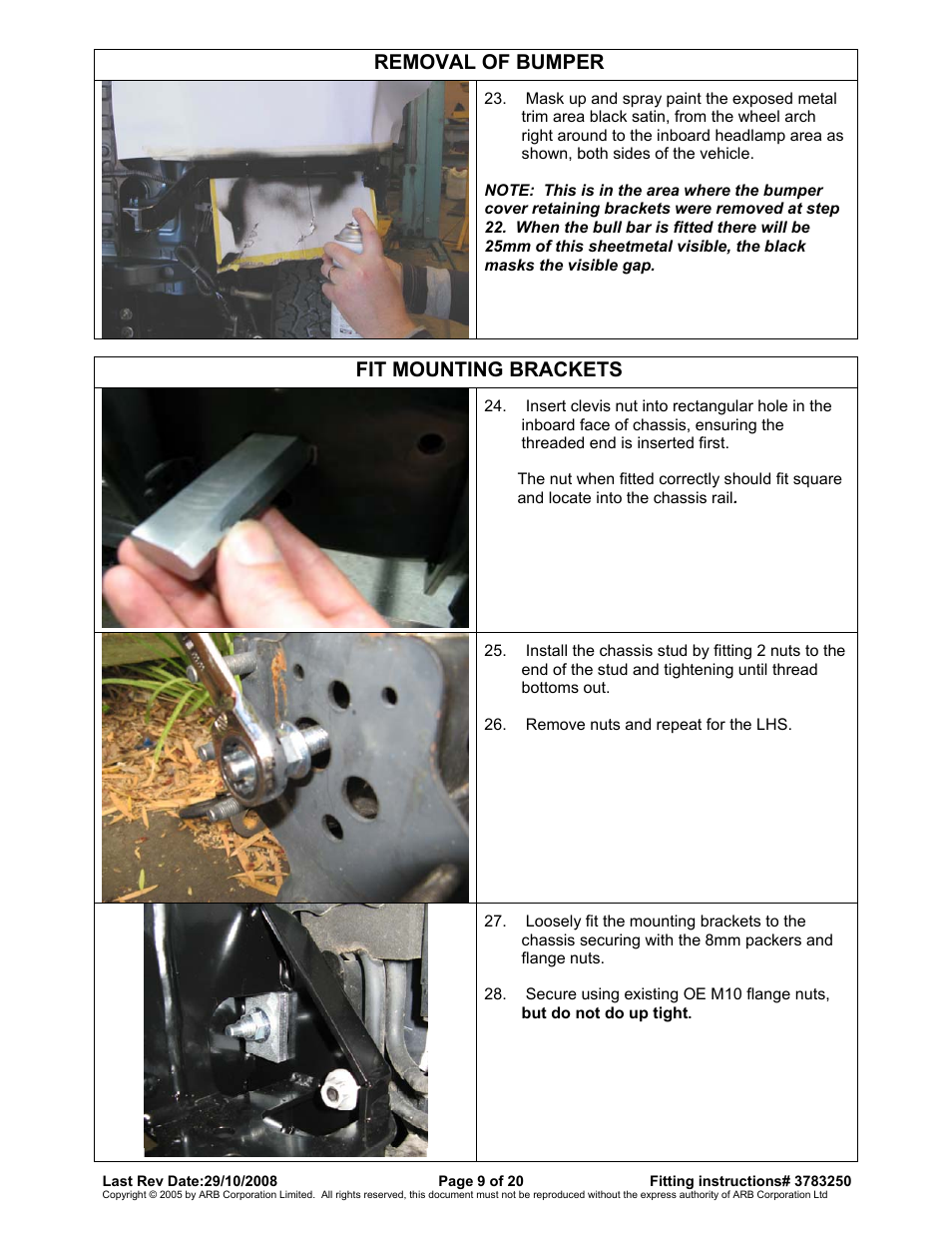 Removal of bumper, Fit mounting brackets | ARB 3415010 User Manual | Page 9 / 20