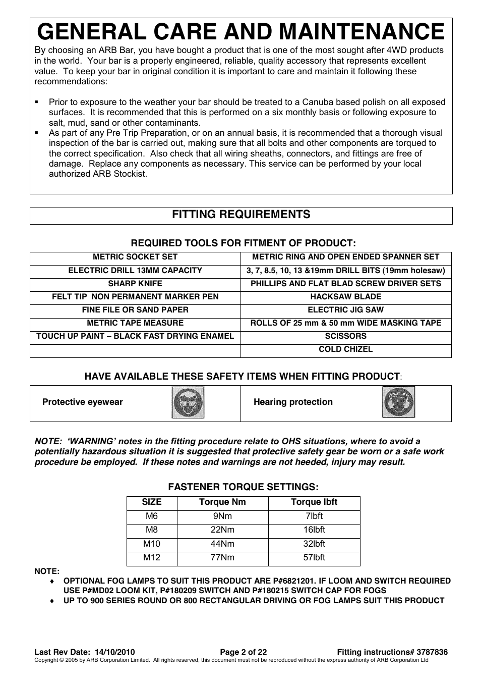 General care and maintenance, Fitting requirements | ARB 3421520 User Manual | Page 2 / 22