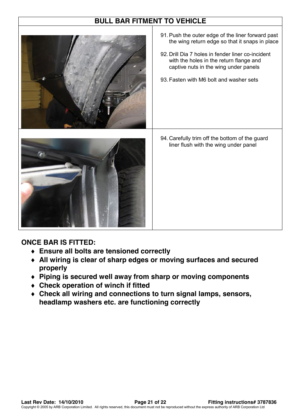 Bull bar fitment to vehicle | ARB 3421520 User Manual | Page 21 / 22