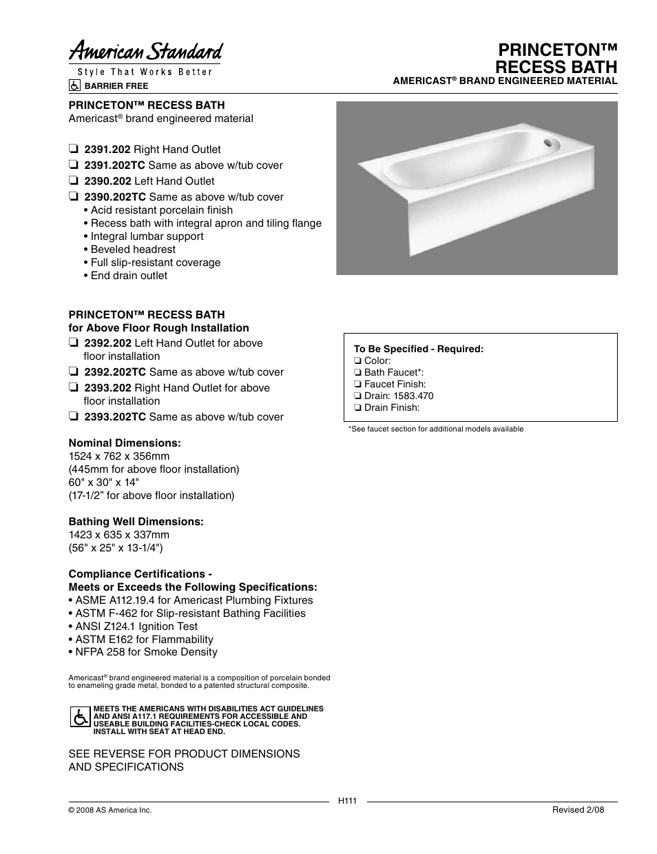 American Standard 2391.202TC User Manual | 2 pages