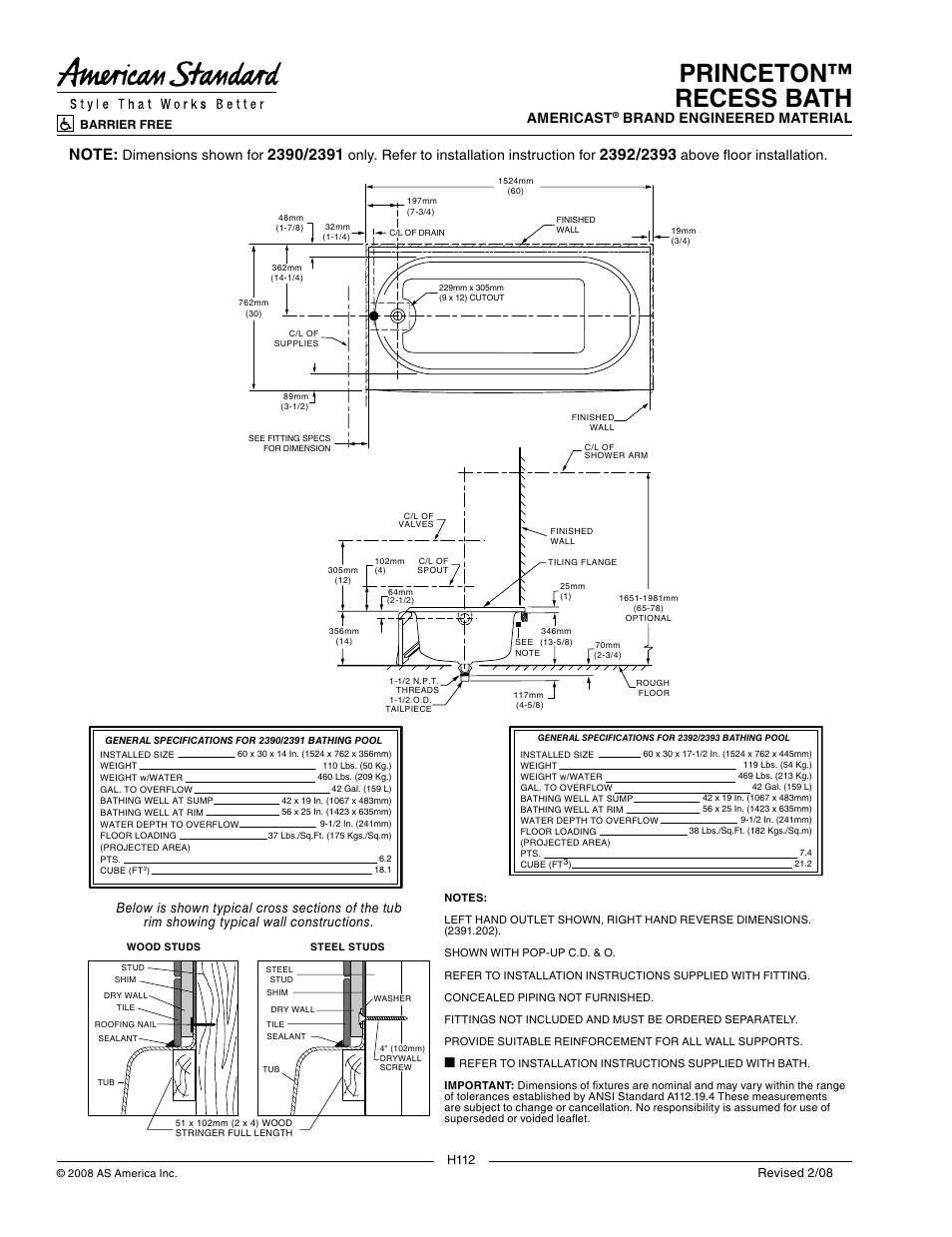 Princeton™ recess bath, Dimensions shown for, Only. refer to installation instruction for | Above floor installation, Americast, Brand engineered material | American Standard 2391.202TC User Manual | Page 2 / 2