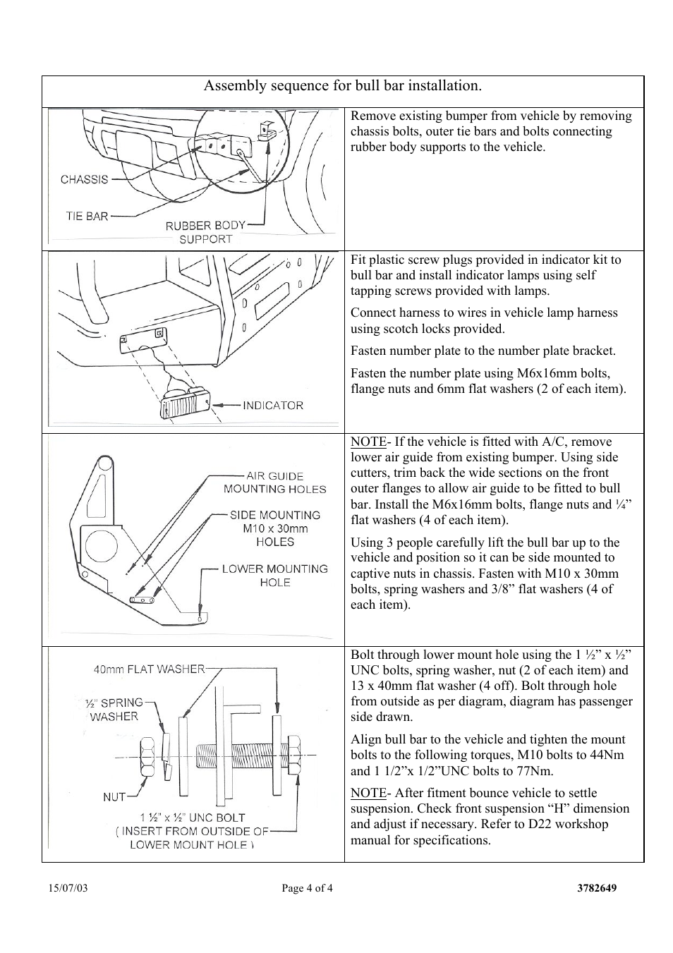 Assembly sequence for bull bar installation | ARB 3438110 User Manual | Page 4 / 4